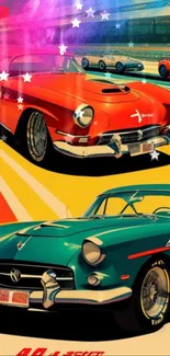 Vintage racing car wallpaper with colorful classic cars and a retro art style.