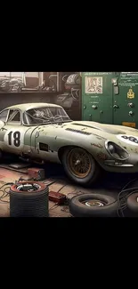 Vintage car in garage with racing theme.