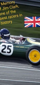 Vintage racing car with British flag and tribute to Jim Clark.