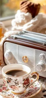 Cozy autumn setup with vintage radio and floral teacup.