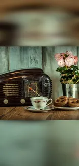 Vintage radio, tea cup, and flowers on a rustic wooden table.