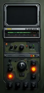 Vintage radio control panel with detailed knobs and gauges on dark green background.