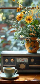 Vintage radio with flowers on a windowsill, morning light.
