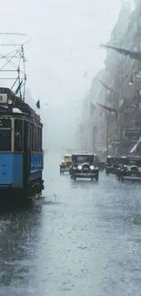 Vintage cityscape with rain and a blue tram in the foreground.