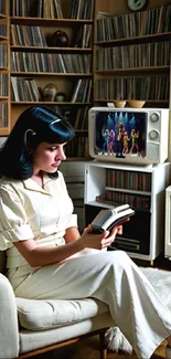 Vintage-style room with bookshelves and TV.