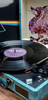 Vintage record player with colorful design and vinyl album.