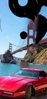 Red vintage car by Golden Gate Bridge with ocean view.