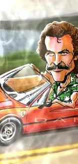 Cartoon art of a red vintage sports car with a caricature driver.