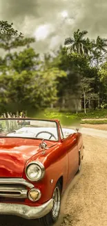 Vintage red convertible parked beside a scenic roadside with greenery.