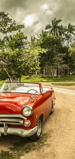 Vintage red convertible on a scenic road with green trees.