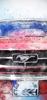 Vintage red car sketch with artistic splashes of color.