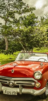 Vintage red car on scenic green backdrop, perfect for mobile wallpaper.