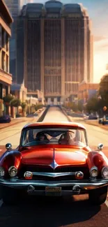 Classic red car driving in a sunlit cityscape, perfect for mobile wallpaper.