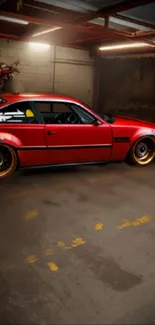 Stylish vintage red car in a garage setting, capturing classic elegance.