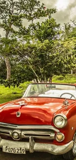 Vintage red convertible on scenic road wallpaper.