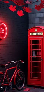Vintage red phone booth with bicycle and neon.