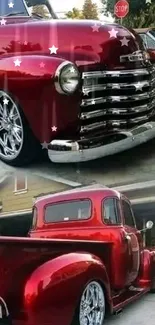 Vintage red Chevrolet truck with chrome detailing.