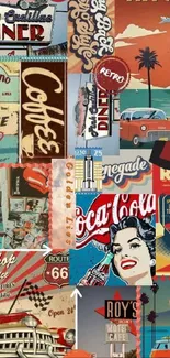 Vintage retro collage wallpaper with classic cars, Coca Cola, and palm trees.