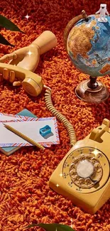Retro wallpaper with vintage rotary phone on orange background.