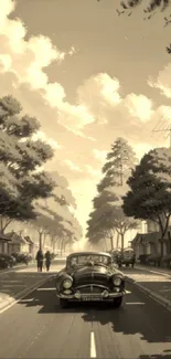 Sepia vintage street scene with classic cars and trees lining the road.