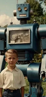 Retro blue robot with boy in vintage setting.