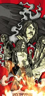 Vintage rock band wallpaper with bold red background and artistic design.