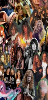 Vintage rock band collage wallpaper for mobile screen.