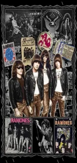 Vintage rock band collage with iconic images and memorabilia, featuring black background.