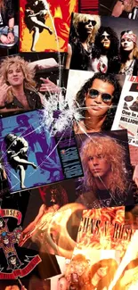 Vintage rock band collage with iconic band images and memorabilia.