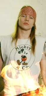 Vintage rock look with bandana and Mickey Mouse tee.