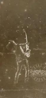 Sepia vintage wallpaper featuring rock guitarist on stage.