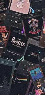 Collage of vintage rock music album covers in a retro style wallpaper.