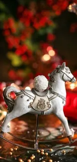 Vintage rocking horse amidst festive bokeh.