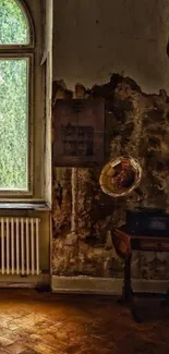 Vintage room with a gramophone and arched window in warm tones.