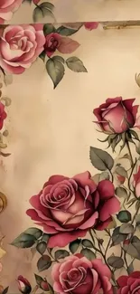 Vintage rose patterned wallpaper with ornate floral design and warm tones.