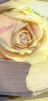 Delicate pale yellow rose on aged books.