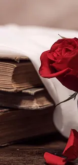 Red roses in a vase beside vintage books on a wooden table.