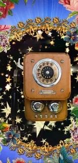 Vintage phone with floral stars art