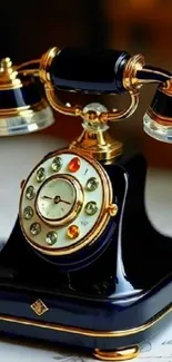 Vintage rotary phone with gold accents on dark background.