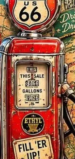 Vintage Route 66 gas pump with old map background.