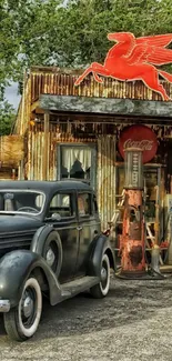 Vintage Route 66 gas station with classic car.