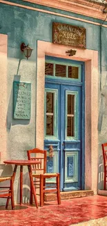 Vintage café with blue doors and wooden chairs, perfect for a mobile wallpaper.