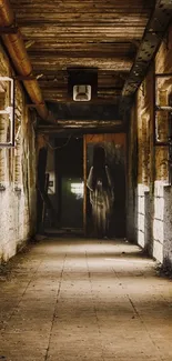 Rustic vintage corridor with wooden beams and natural light.