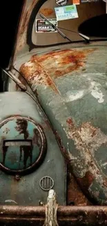 Close-up of a vintage rusty car with weathered paint.