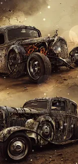 Vintage rusty cars in a dusty landscape mobile wallpaper.