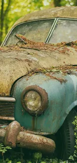 Vintage rusty car in a green forest, ideal for mobile wallpaper.