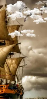 Vintage sailboat artwork with dramatic clouds and flying birds.