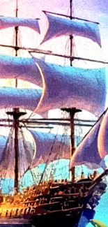 Vintage sailing ship with majestic sails against a vibrant sky.