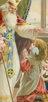 Vintage artwork of Saint Nicholas with children in a festive setting.