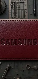 Vintage Samsung-inspired wallpaper with gears and leather texture.